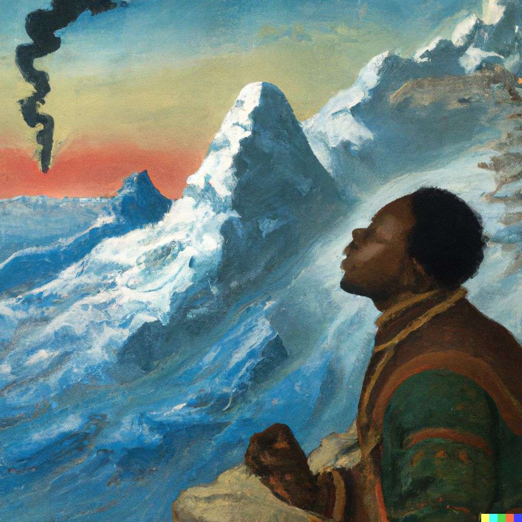 someone gazing at Mount Everest, painting from the 17th century